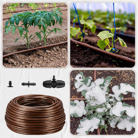 328 Foot Quarter Inch Drip Irrigation Tubing Kit With Six Inch Emitter Spacing, includes connectors, couplings, end plugs in garden