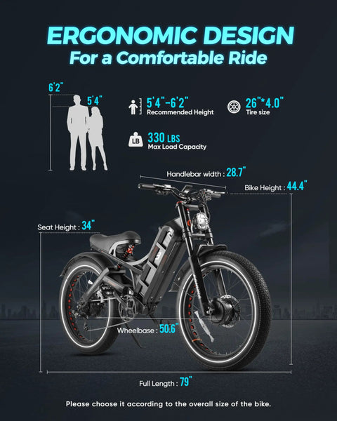 Rad Dual Motor E Bike With 5600W Peak Output And Beast Mode Torque For Conquering Grades In Style Long Range Ride dimensions chart.