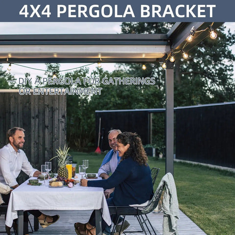People gathering under a pergola with 3-Way Right Angle Pergola Corner Bracket Kit, 4x4 Inch, 4 Pack With Screws installed.
