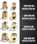 Image of 3/16 inverted tube nuts with four different thread sizes from the 25 Ft 3/16 Copper Nickel Brake Line Kit With Flexible Rugged Rustproof Copper Coated Tubing And 16 Inverted Flare Fittings For Hydraulic Fuel Transmission Gold Finish.
