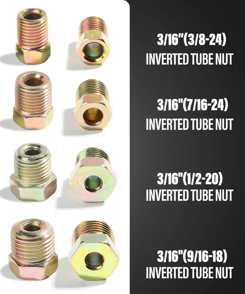 Image of 3/16 inverted tube nuts with four different thread sizes from the 25 Ft 3/16 Copper Nickel Brake Line Kit With Flexible Rugged Rustproof Copper Coated Tubing And 16 Inverted Flare Fittings For Hydraulic Fuel Transmission Gold Finish.