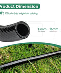 40 Ft Half Inch Drip Irrigation Tubing Main Line For Garden Systems, close-up of open tube end, dimensions and grass background