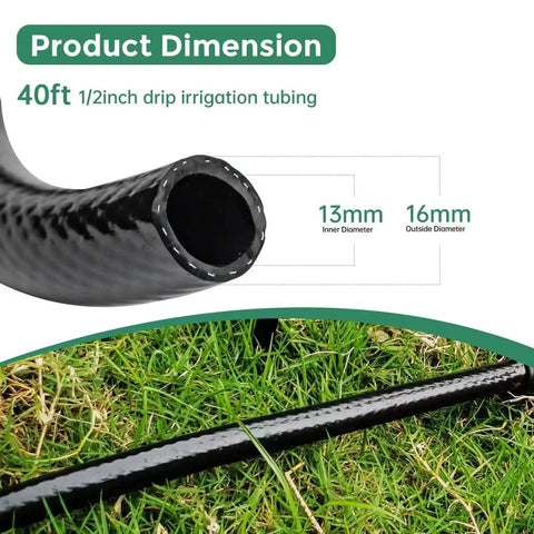 40 Ft Half Inch Drip Irrigation Tubing Main Line For Garden Systems, close-up of open tube end, dimensions and grass background