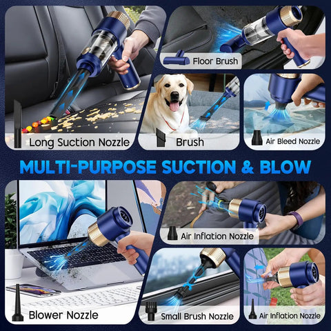Powerful 16000Pa Handheld Cordless Vacuum Cleaner With 2 In 1 Air Duster and Vacuum shown in various uses