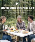 Three friends enjoying a meal outdoors on a 6 Foot Folding Table And Two Benches Outdoor Indoor Picnic Set Built Tough Durable Plastic.