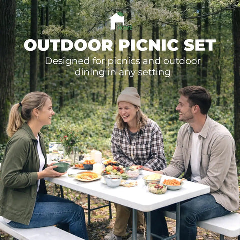 Three friends enjoying a meal outdoors on a 6 Foot Folding Table And Two Benches Outdoor Indoor Picnic Set Built Tough Durable Plastic.