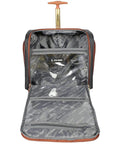 Open interior view of 15 Inch Carry On Luggage For Women With Rolling Spinner Wheels Ultra Lightweight Weekender Bag That Fits Under The Seat For Airline Travel Ideal For Overnight Business Trips Black, showing pockets and lining.