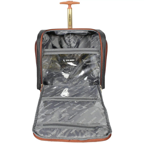 Open interior view of 15 Inch Carry On Luggage For Women With Rolling Spinner Wheels Ultra Lightweight Weekender Bag That Fits Under The Seat For Airline Travel Ideal For Overnight Business Trips Black, showing pockets and lining.