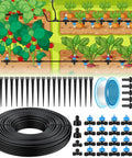 Plug And Play Drip Irrigation Kit 100 Ft With 1/4 Inch Tubing 20 Drippers 20 Stakes Tee Connectors End Plugs Wire Spool in garden setting