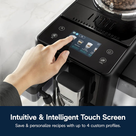 Person using touch screen on Rivelia Automatic Espresso Machine With Built In Burr Grinder And Milk Frother One Touch Barista Quality