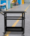 Heavy Duty Mobile Welding Table And Workbench For Garage And Shop Steel Platform with dual storage shelves in workshop setting.