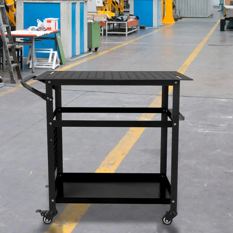 Heavy Duty Mobile Welding Table And Workbench For Garage And Shop Steel Platform with dual storage shelves in workshop setting.