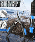 Fishing pliers and gripper for hook removal and safety lock feature with textured handles shown near rocky water backdrop