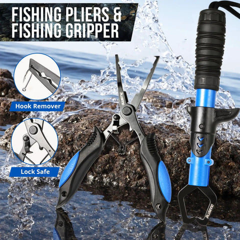 Fishing pliers and gripper for hook removal and safety lock feature with textured handles shown near rocky water backdrop