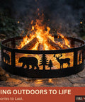 36 Inch Heavy Duty Wood Burning Fire Pit Ring With Decorative Wildlife Design in outdoor setting, flames inside