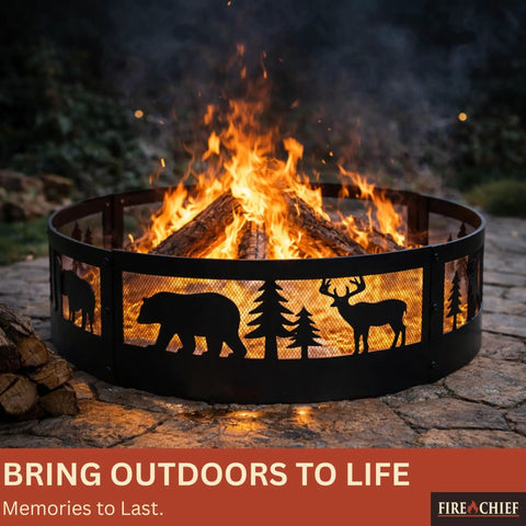 36 Inch Heavy Duty Wood Burning Fire Pit Ring With Decorative Wildlife Design in outdoor setting, flames inside