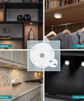 Battery Powered Under Cabinet Lights With Tap Technology, installed in kitchen, shelves, closet, and car trunk, wireless LED puck lights