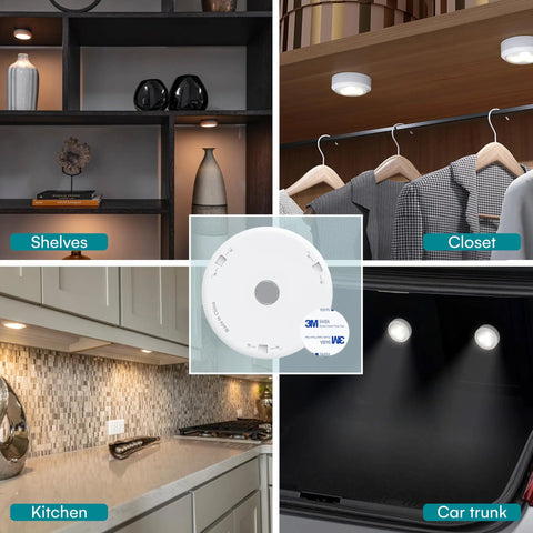 Battery Powered Under Cabinet Lights With Tap Technology, installed in kitchen, shelves, closet, and car trunk, wireless LED puck lights