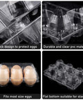 36 Pack Clear Plastic Egg Cartons with Six Egg Capacity Eco Friendly Disposable Egg Holders shown from various angles.