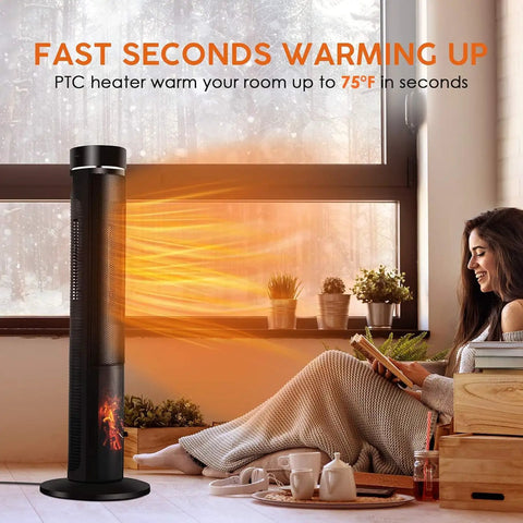 36 Inch Tower Space Heater For Large Rooms With 1500W Ceramic Electric Fireplace Effect, Adjustable Thermostat, Realistic 3D Flames, Smooth Oscillation And Wireless Remote Slams The Freeze Like A Champ warming a cozy living space.