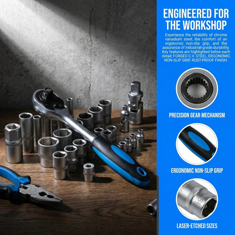 All In One 247 Piece Home Tool Set With Toolbox For DIY Projects And Home Repairs, ratchet with sockets on table, blue design