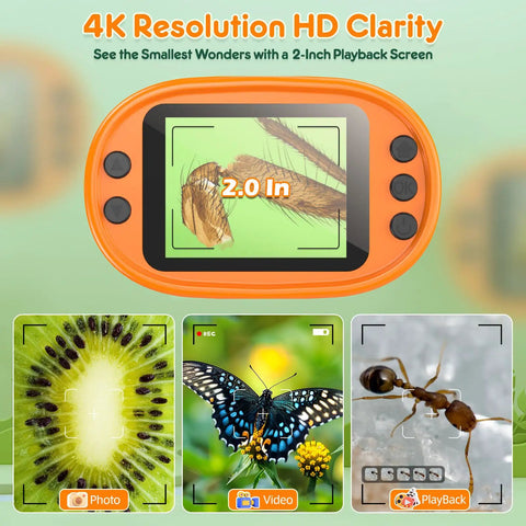 Kid Friendly Handheld Microscope With 2.0 Inch Screen 1000X Magnification showing ant, butterfly, and kiwi details