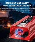 1000W Car Power Inverter With LCD Display 12V DC to 110V AC, red unit with cooling fan, camping truck in the background