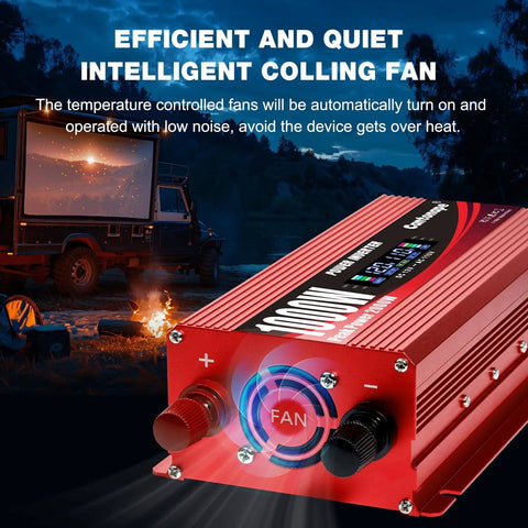 1000W Car Power Inverter With LCD Display 12V DC to 110V AC, red unit with cooling fan, camping truck in the background