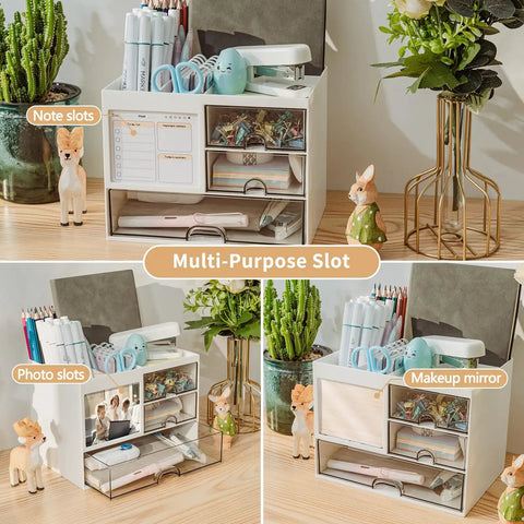Dope Desk Organizer With 3 Drawers And 8 Compartments For Your Desk, Mega Functional Pencil And Pen Holder, White Finish