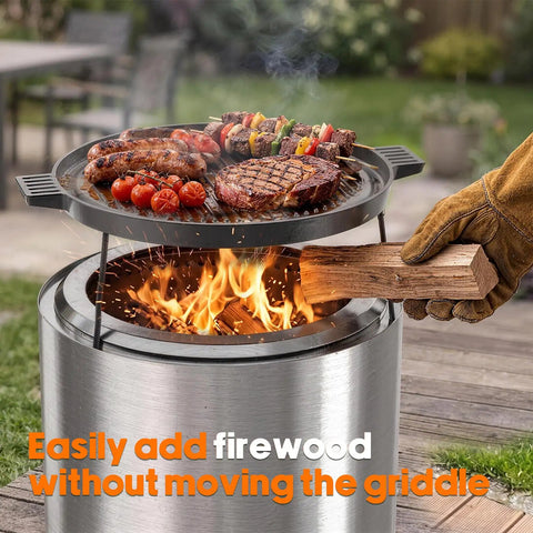 Grilling on cast iron griddle pan for Solo Stove Ranger fire pit with meat and tomatoes above open flame.
