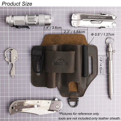 Leather EDC Multitool Sheath Belt Organizer For Daily Carry And Work Use, Fits Leatherman Tools, Flashlights, Keys, Pens shown.