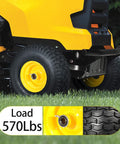 15x6.00-6nhs Beefed Up Lawn Mower Tires and Wheels Set Front Pneumatic Replacement mounted on mower with yellow rim
