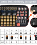 Interior of battery storage case with built-in tester, organized slots for various batteries, including AA, AAA, C, D, 9V, and button cells.