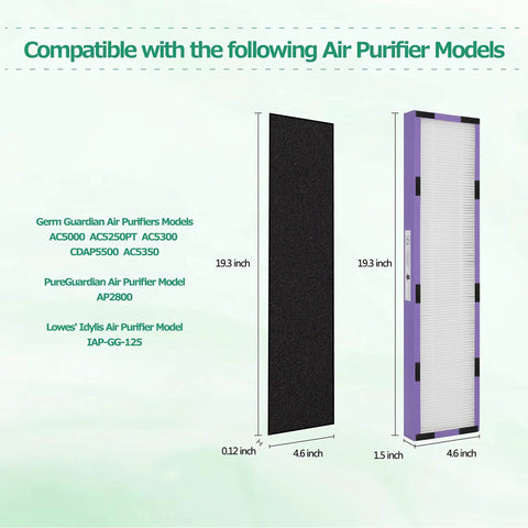 Pet Dander, Hair and Odor Filter C for GermGuardian Air Purifier fits AC5250PT AC5000E AC5300B AC5350W showing size dimensions