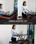 Three views of a 32 by 22 inch standing desk converter with gas spring lift, showing sit-stand use in an office setting.