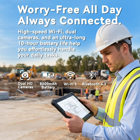 Man wearing helmet using Heavy Duty 10.1 Inch Windows 11 Pro Rugged Tablet With IP67 Industrial Waterproof Housing on construction site.