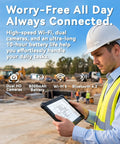 Tough As Nails 10.1 Inch Rugged Tablet With Windows 11 Pro used outdoors by a worker in a hard hat, showcasing dual cameras.