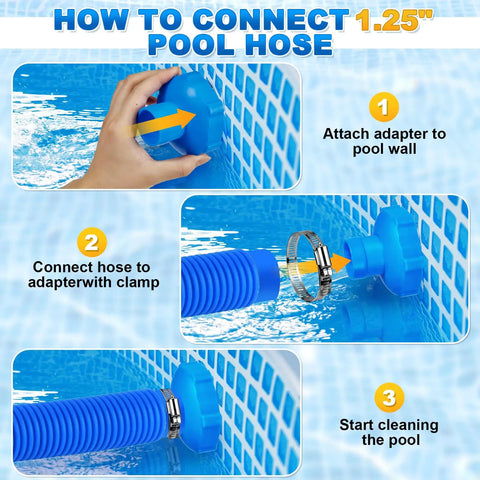 How to connect Must Have Pool Vacuum Hose Adapter Kit Compatible With Adapter B for Above Ground Pools with blue adapter and clamp.