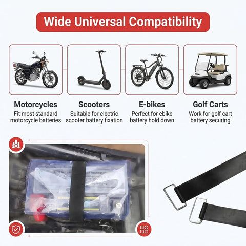 Wide compatibility for Tough As Nails 2 Pack Motorcycle Battery Strap Slip Free Stretchable Hold Down Rubber Band.