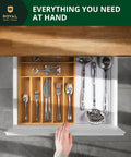 Premium Bamboo Utensil Rack And Silverware Organizer For Kitchen Drawers with 7 slot cutlery tray and grooved dividers in use