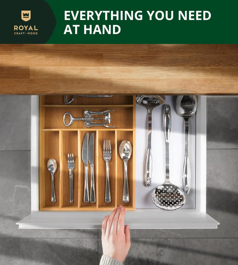 Premium Bamboo Utensil Rack And Silverware Organizer For Kitchen Drawers with 7 slot cutlery tray and grooved dividers in use