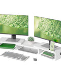 Dual Monitor Stand With Smartphone Holder For Your Setup Adjustable Length From 31 Point 5 To 42 Point 5 Inches Swivel Angle Ergonomic Wooden Desk Organizer For PC Monitor Laptop And Printer White with two monitors, keyboard, smartphone, and books displayed.