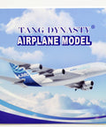 Box cover of Tang Dynasty A380 airplane model with blue sky background, labeled 'Tang Dynasty Airplane Model.'