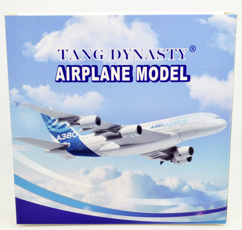 Box cover of Tang Dynasty A380 airplane model with blue sky background, labeled 'Tang Dynasty Airplane Model.'