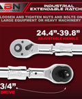 Extendable Three Quarter Inch Drive Industrial Ratchet Wrench With 24 To 39 Inch Long Reach Telescoping Locking Shaft Reversible Torque Heavy Duty Tool For Diesel Mining And Farm Equipment, highlighting adjustable handle and 3/4 inch drive.
