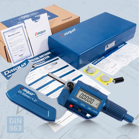 Pro Grade Digital Outside Micrometer 1 To 2 Inches 25 To 50 Mm With Carbide Tip Ultra Fine 0.00005 Inch Resolution in packaging