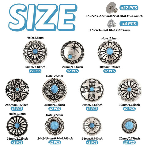 Badass Vintage Turquoise Screw Back Concho Kit For Leather Work And Fabric Sewing 22 Assorted Styles shown with varying sizes.