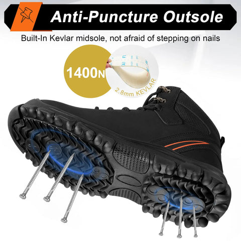 Mens Steel Toe Work Boots With Slip Resistant Puncture Safety Waterproof Midsole Grind Ready Durable Construction All Weather Performance Black Size 9.5, showing Kevlar midsole and anti-puncture outsole with nails visible.