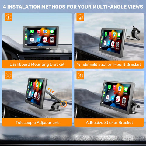 Wireless CarPlay Screen For Cars 9 Inch HD Touchscreen Portable Car Stereo installation methods with different mounting brackets
