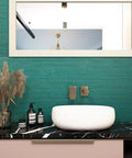 Teal Green Grasscloth Peel And Stick Wallpaper Roll 15.8x240 Inches Self Adhesive Removable Durable Thick Vinyl in bathroom setting